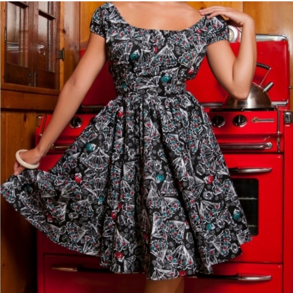 Spanish Fans print black blue and red PUG peasant top dress XL